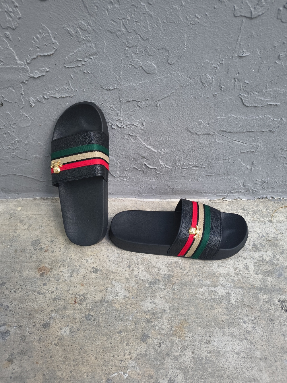 Black Slide Sandals w/ Red Green Stripe & Gold Skull Charm - Unisex